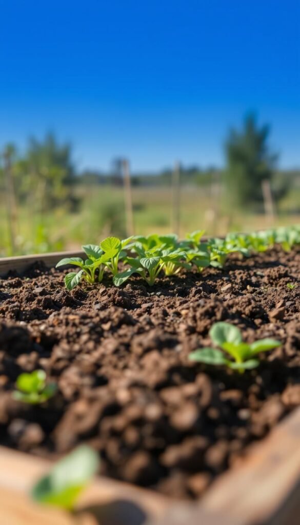 A lush, thriving raised garden bed with rich, well-drained soil in the foreground. The bed is surrounded by a wooden frame, with the soil slightly mounded for optimal drainage. In the middle ground, healthy, vibrant plants are growing, their leaves glistening under the soft, diffused lighting. The background features a serene, blurred natural landscape, with a hint of a blue sky peeking through. The overall scene conveys the benefits of raised bed gardening, showcasing the improved soil conditions and plant growth. Captured with a wide-angle lens, the image has a sense of depth and balance, inviting the viewer to envision the advantages of this gardening approach.