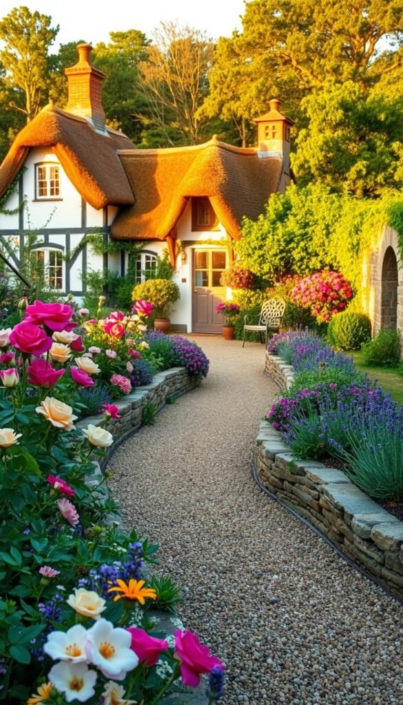 A lush, traditional English cottage garden layout, bathed in warm, golden afternoon light. In the foreground, a profusion of colorful blooms - vibrant roses, fragrant lavender, and delicate wildflowers spilling over stone garden beds. The middle ground features a winding gravel path leading to a charming, thatched-roof cottage, its whitewashed walls and timber accents complementing the natural setting. In the background, a picturesque woodland backdrop provides a sense of enclosure and tranquility. Touches of wrought-iron garden furniture and weathered stone accents create a timeless, lived-in aesthetic. The overall composition conveys a sense of harmony, beauty, and the perfect balance of order and untamed nature. A lush, traditional English cottage garden layout, bathed in warm, golden afternoon light. In the foreground, a profusion of colorful blooms - vibrant roses, fragrant lavender, and delicate wildflowers spilling over stone garden beds. The middle ground features a winding gravel path leading to a charming, thatched-roof cottage, its whitewashed walls and timber accents complementing the natural setting. In the background, a picturesque woodland backdrop provides a sense of enclosure and tranquility. Touches of wrought-iron garden furniture and weathered stone accents create a timeless, lived-in aesthetic. The overall composition conveys a sense of harmony, beauty, and the perfect balance of order and untamed nature.