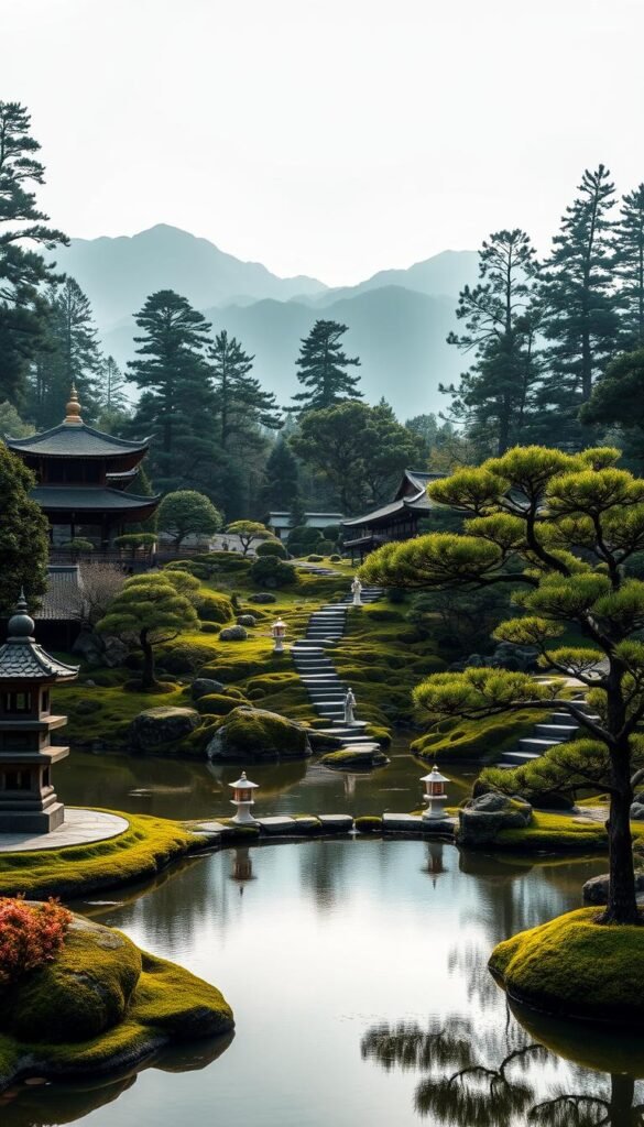 A lush, traditional Japanese garden with a serene pond, surrounded by elegant pagodas, stone lanterns, and a carefully pruned bonsai tree in the foreground. The middle ground features a winding path leading through a meticulously manicured landscape of moss-covered rocks, carefully placed stepping stones, and a decorative wooden bridge. In the background, towering pine trees and a misty mountain range create a tranquil, timeless atmosphere, illuminated by soft, diffused natural lighting. Capture the essence of centuries of Japanese garden design, blending harmonious elements of nature, architecture, and meticulous craftsmanship.