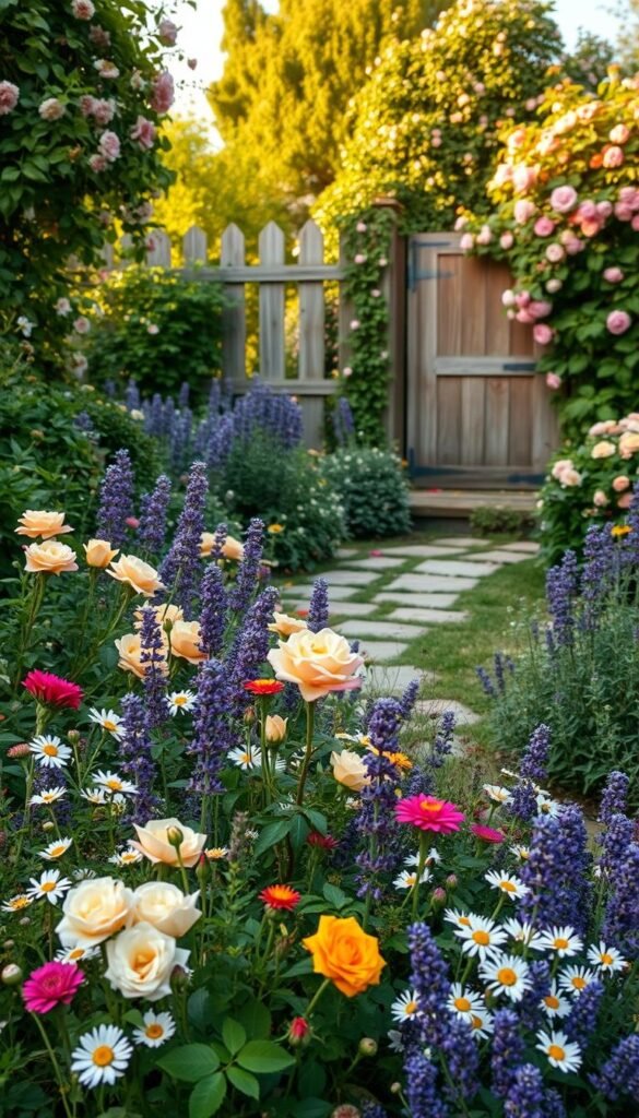 A lush, traditional cottage garden with an abundance of vibrant blooms and lush foliage. In the foreground, a captivating mix of colorful perennials, including delicate English roses, fragrant lavender, and cheerful daisies, creating a charming, overgrown tapestry. In the middle ground, a meandering stone path winds through the garden, inviting exploration. The background features a quaint, weathered wooden fence, partially obscured by a profusion of climbing vines and flowering shrubs, evoking a sense of timeless English countryside. The scene is bathed in warm, golden light, casting a soft, romantic glow over the entire composition.