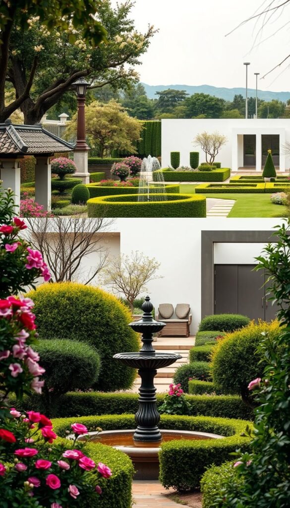 A lush, traditional garden with ornate fountains, manicured hedges, and a vibrant color palette of blooming flowers contrasts with a contemporary garden featuring sleek minimalist structures, bold geometric patterns, and a muted, earthy tone. The foreground showcases the distinct elements of each style, while the middle ground blends the two, hinting at a harmonious transition. The background subtly frames the scene with a serene, naturalistic landscape, highlighting the essence of both traditional and contemporary garden design principles. Soft, diffused lighting casts a warm, inviting glow, capturing the essence of the scene. The perspective is slightly elevated, allowing for a comprehensive view of the garden's dynamic interplay of old and new.