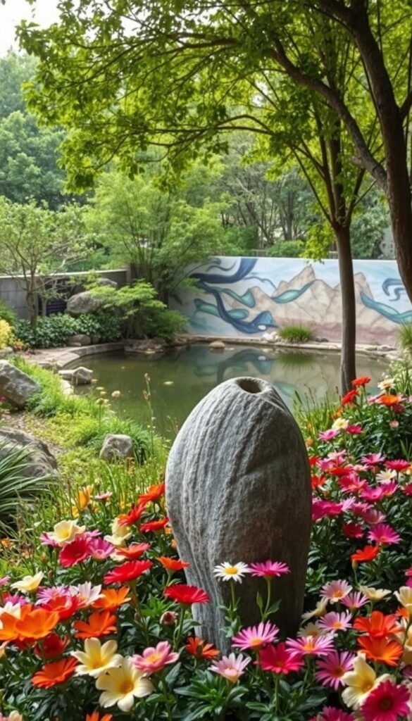 A lush, tranquil garden oasis where harmonious art installations seamlessly integrate with the natural landscape. In the foreground, a weathered stone sculpture stands amidst a vibrant array of blooming flowers, its organic curves echoing the gentle slopes of the terrain. In the middle ground, a mural-adorned wall creates a captivating backdrop, its abstract brushstrokes mirroring the flowing lines of the surrounding foliage. The background features a serene pond, its still waters reflecting the soft, diffused lighting that filters through the canopy of verdant trees, evoking a sense of calming balance and visual harmony. This scene embodies the perfect synthesis of nature and artistic expression, inspiring a deeper appreciation for the beauty of the outdoors.