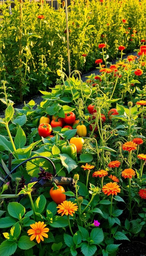 A lush vegetable garden with companion plants in full bloom, illuminated by warm, golden afternoon sunlight. In the foreground, a variety of leafy greens, herbs, and flowers thrive together in a harmonious arrangement. The middle ground features colorful bell peppers, tomatoes, and squash, their leaves and vines intertwined. In the background, a row of tall, flowering nasturtiums and marigolds border the garden, their vibrant hues adding depth and visual interest. The scene conveys the benefits of companion planting, where different plants work in synergy to enhance growth, repel pests, and create a balanced, healthy ecosystem.