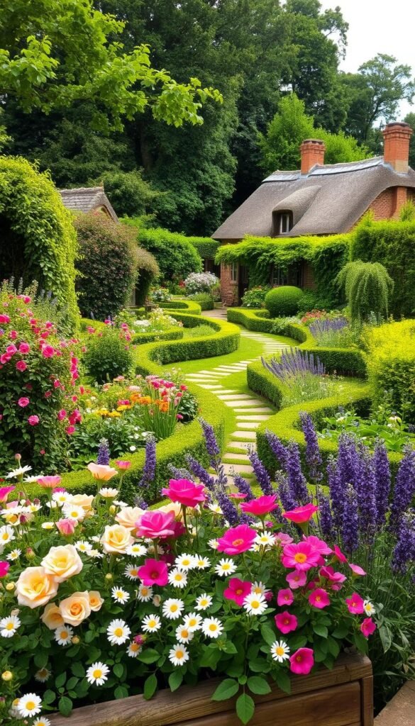 A lush, verdant English cottage garden bursting with a vibrant array of blooms. In the foreground, an abundance of colorful flowers - delicate roses, cheerful daisies, and fragrant lavender - spill over a wooden garden bed. Meandering stone pathways wind through the middle ground, flanked by tidy hedges and climbing vines. In the background, a charming thatched-roof cottage peeks out amidst a profusion of greenery - towering trees, billowing shrubs, and cascading ivy. Soft, diffused natural light filters through the scene, imbuing it with a warm, idyllic glow. Capture the essence of an timeless, quintessential English cottage garden design.
