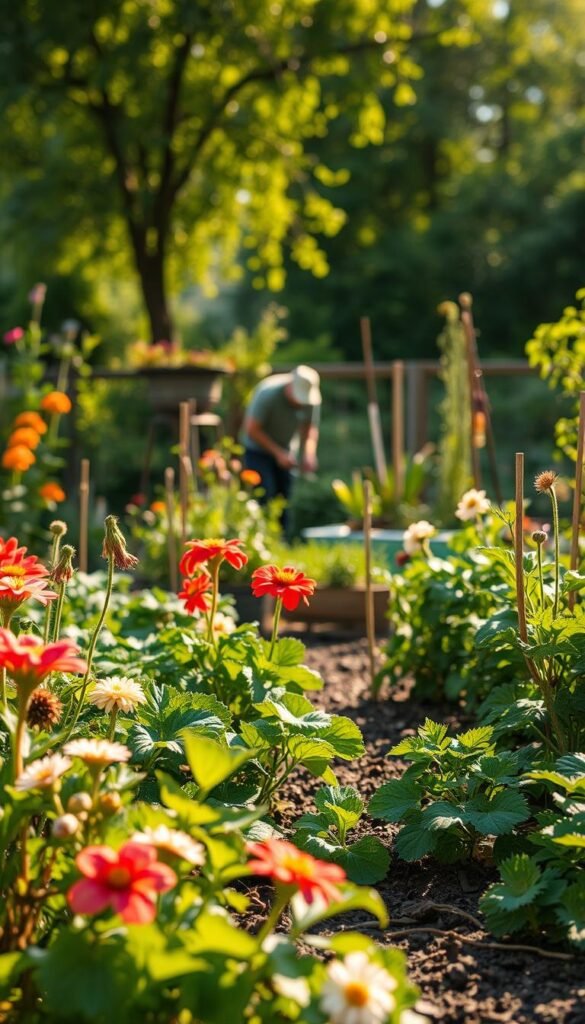 A lush, verdant backyard garden during the changing seasons. In the foreground, vibrant blooms and thriving vegetables battle against the challenges of frost, drought, and pests. In the middle ground, a gardener carefully tends to their plants, navigating the ebb and flow of nature's cycles. The background softly blurs into the distance, hinting at the broader landscape and the ever-shifting weather patterns that shape the garden's rhythms. Warm, golden sunlight dapples the scene, casting intricate shadows and highlighting the textures of the soil, foliage, and weathered gardening tools. The overall atmosphere conveys the delicate balance and rewards of seasonal gardening, a harmonious dance between human effort and natural forces.