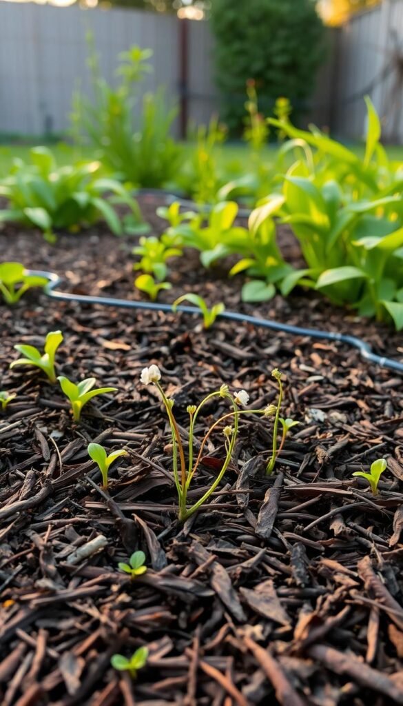 A lush, verdant backyard garden with a harmonious blend of mulch and irrigation. In the foreground, a thick layer of dark brown organic mulch covers the soil, retaining moisture and suppressing weeds. Delicate tendrils of plants emerge from the mulch, their vibrant green foliage contrasting with the earthy tones. In the middle ground, a network of discreet irrigation pipes winds through the garden, delivering water efficiently to the roots of the plants. The background features a warm, golden-hour lighting, casting a soft, natural glow over the scene. The overall atmosphere conveys a sense of balance, where the synergy between mulch and irrigation creates a low-maintenance, thriving backyard oasis.