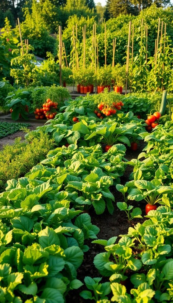 A lush, verdant backyard garden with rows of staggered vegetable plantings. In the foreground, rows of leafy greens, carrots, and radishes in various stages of growth, bathed in warm, golden sunlight. The middle ground features clusters of thriving tomato plants, their vibrant red fruits peeking out. In the background, a mix of pole beans, zucchini, and other tall, bushy plants create a layered, textured landscape. The composition is balanced, with a sense of depth and rhythm, showcasing the year-round planting strategy. The scene is captured with a wide-angle lens, creating an immersive, almost photographic quality, inviting the viewer to step into the bountiful, well-planned backyard oasis.