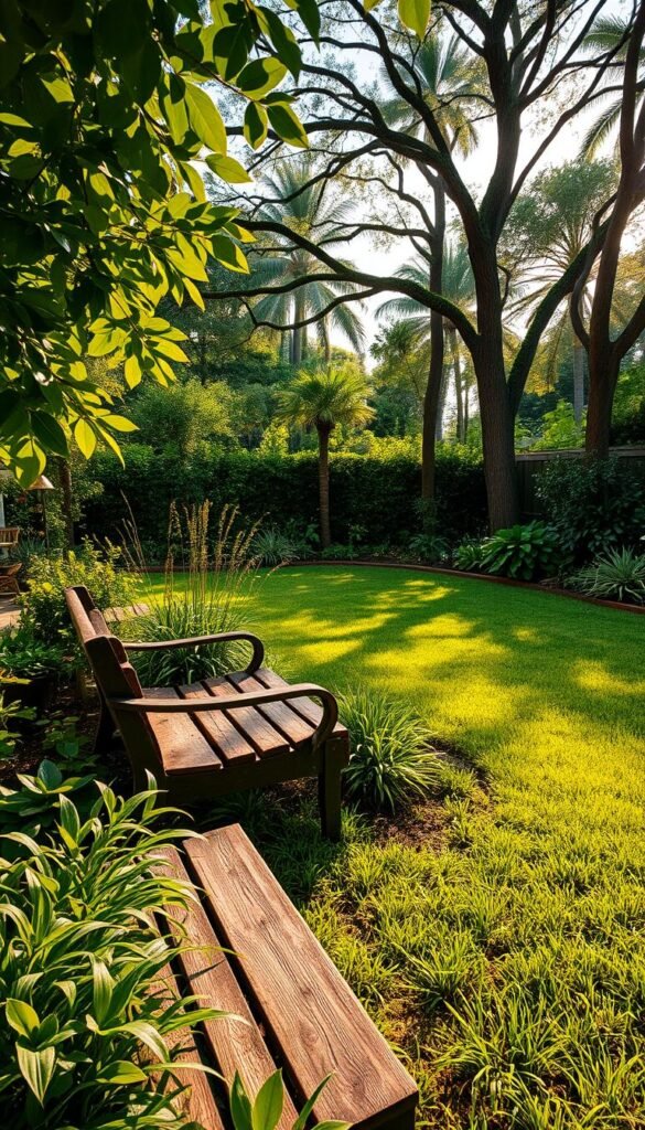 A lush, verdant backyard with a tranquil seating area nestled among vibrant greenery. The foreground features a weathered wooden bench surrounded by a tapestry of flourishing plants, their leaves gently swaying in the soft breeze. The middle ground showcases a well-tended lawn, its blades of grass neatly trimmed and glistening with dew. In the background, a row of towering trees casts a soothing, dappled shade, their branches reaching skyward. The scene is bathed in warm, golden afternoon light, creating a serene and inviting atmosphere that invites contemplation and relaxation. Captured with a wide-angle lens to emphasize the depth and expansiveness of the backyard oasis.