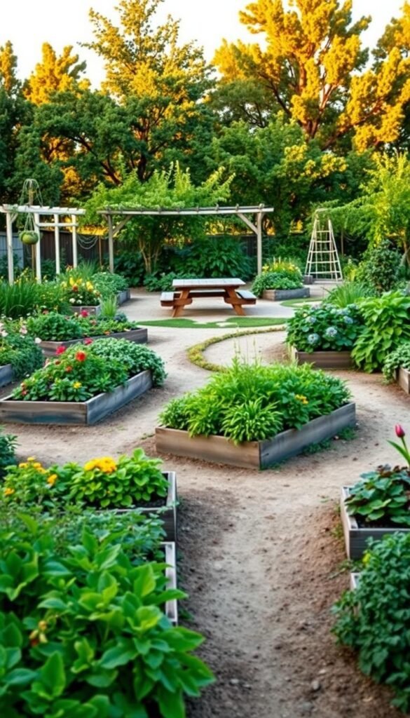 A lush, verdant community garden layout, featuring raised planting beds and winding paths that encourage exploration. The foreground showcases an array of vibrant vegetables, herbs, and flowers thriving in the fertile soil. In the middle ground, a shaded seating area with a picnic table invites visitors to pause and admire the garden's bounty. The background is dotted with fruit trees and trellises, casting a warm, golden glow over the entire scene. The layout is designed to maximize efficiency and community engagement, with ample space for individual plots and shared gathering areas. Soft, diffused lighting creates a serene, welcoming atmosphere, perfect for enjoying the fruits of collective labor.