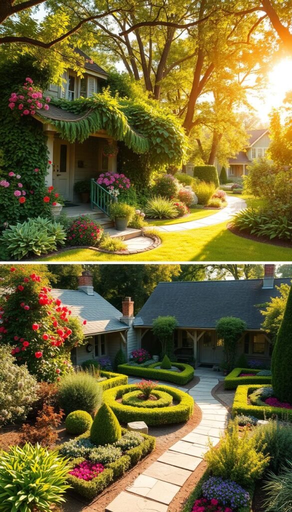 A lush, verdant cottage front garden, overflowing with a vibrant tapestry of blooming flowers, lush foliage, and meandering pathways, contrasted by a more manicured, symmetrical front yard cottage garden, featuring carefully curated flowerbeds, neatly trimmed shrubs, and a central focal point. Warm, golden sunlight filters through the canopy of trees, casting soft shadows and lending a cozy, inviting atmosphere. The scene is captured from a slightly elevated angle, allowing the viewer to appreciate the distinct design elements and spatial organization of these two cottage garden styles.