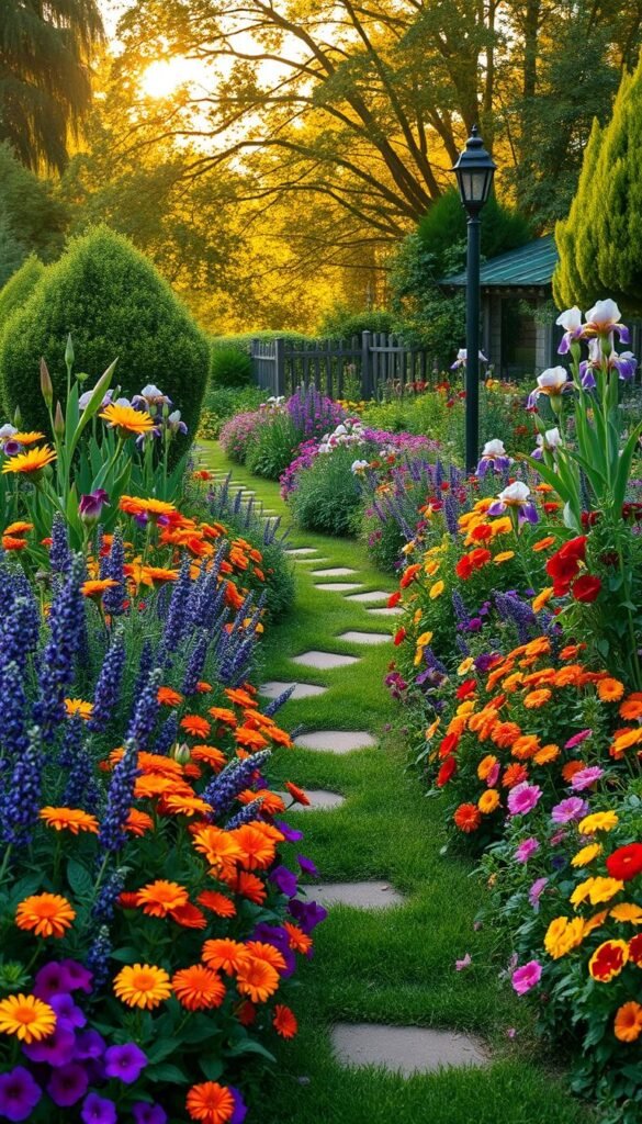 A lush, verdant cottage garden bursting with a vibrant tapestry of annuals and perennials. In the foreground, a meandering path winds through a riot of colorful blooms - cheerful marigolds, fragrant lavender, and cascading petunias. Towards the middle, sturdy perennials like daylilies, peonies, and irises add height and texture, creating a sense of depth. In the background, a delicate canopy of trees filters the warm, golden light, casting a soft, romantic glow over the entire scene. The overall atmosphere is one of tranquility and effortless beauty, inviting the viewer to step into this floral wonderland and experience the joys of a cottage vegetable garden.