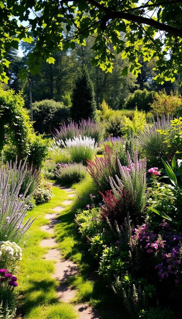 A lush, verdant cottage garden layout with a harmonious blend of sun and shade. In the foreground, a meandering path winds through a tapestry of vibrant perennials and trailing vines, basking in the warm glow of the sun. Dappled shadows from overhead trees create a gentle play of light and shadow, adding depth and texture to the scene. The middle ground features a well-curated mix of sun-loving and shade-tolerant plants, such as fragrant lavender, colorful impatiens, and delicate ferns, creating a visually captivating composition. In the background, a mix of deciduous and evergreen trees frame the garden, providing a sense of enclosure and natural tranquility. The overall atmosphere is one of serene, inviting charm, perfectly capturing the essence of a thoughtfully planned cottage garden.