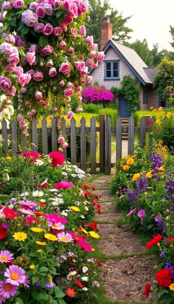 A lush, verdant cottage garden unfolds, bursting with an enchanting array of vibrant blooms. In the foreground, a meandering path winds through a tapestry of colorful perennials, their petals dancing in the soft, golden light. Towering roses, cascading vines, and whimsical wildflowers create a sense of natural abundance, framing a quaint, weathered wooden fence that gently delineates the space. Beyond, a cozy cottage stands, its charming architecture nestled amidst a harmonious palette of greens, punctuated by the occasional pop of color. The overall scene exudes a timeless, bucolic atmosphere, perfectly capturing the essence of a quintessential cottage garden design.