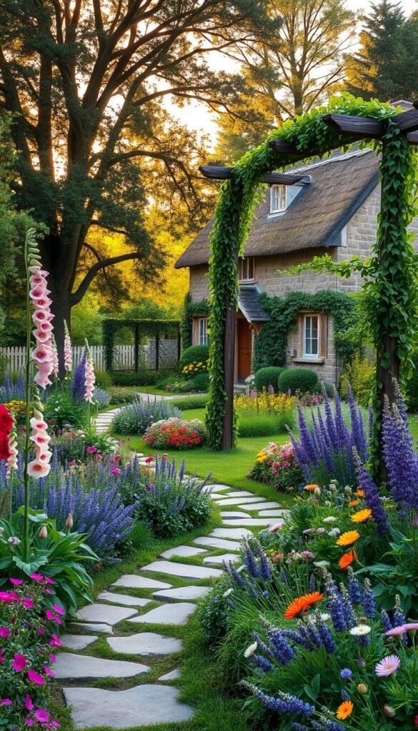 A lush, verdant cottage garden with an abundance of vibrant blooms. In the foreground, a winding stone path leads through a sea of colorful perennials and fragrant herbs - foxgloves, lavender, and hollyhocks swaying gently in the breeze. The middle ground features a charming wooden arbor draped in cascading vines, inviting you to wander deeper into this enchanting oasis. In the background, a picturesque stone cottage with a thatched roof nestles amidst a tapestry of towering trees, casting dappled shadows across the scene. Warm, golden sunlight filters through, imbuing the entire composition with a sense of timeless, pastoral tranquility.