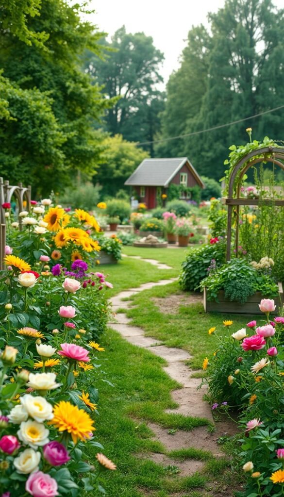 A lush, verdant cut flower garden unfolds, its vibrant blooms beckoning a journey of discovery. In the foreground, a meandering path winds through a tapestry of color - delicate roses, cheerful sunflowers, and fragrant peonies dot the landscape. The middle ground reveals a small, well-tended plot, framed by rustic wooden planters overflowing with cascading vines and fragrant herbs. Soft, diffused light filters through the canopy of trees, casting a warm, golden glow over the scene. In the distance, a glimpse of a charming cottage invites further exploration, hinting at the promise of a bountiful harvest to come. This tranquil, idyllic setting sets the stage for a small-scale cut flower garden journey, where every step unveils new delights and the joy of nurturing nature's beauty.