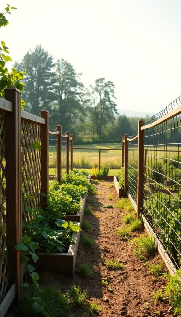 A lush, verdant double fence garden design, with raised planter beds nestled between two sturdy wooden fences. The foreground showcases the intricate lattice work of the fences, casting delicate shadows onto the well-tended soil. In the middle ground, vibrant vegetables and herbs thrive in the raised beds, protected from curious critters. The background features a tranquil, sun-dappled landscape, with towering trees and a soft, hazy sky. The scene is bathed in warm, golden light, creating a serene and inviting atmosphere. Captured with a wide-angle lens, this image conveys the harmony of a functional, yet beautifully designed fenced garden. A lush, verdant double fence garden design, with raised planter beds nestled between two sturdy wooden fences. The foreground showcases the intricate lattice work of the fences, casting delicate shadows onto the well-tended soil. In the middle ground, vibrant vegetables and herbs thrive in the raised beds, protected from curious critters. The background features a tranquil, sun-dappled landscape, with towering trees and a soft, hazy sky. The scene is bathed in warm, golden light, creating a serene and inviting atmosphere. Captured with a wide-angle lens, this image conveys the harmony of a functional, yet beautifully designed fenced garden.