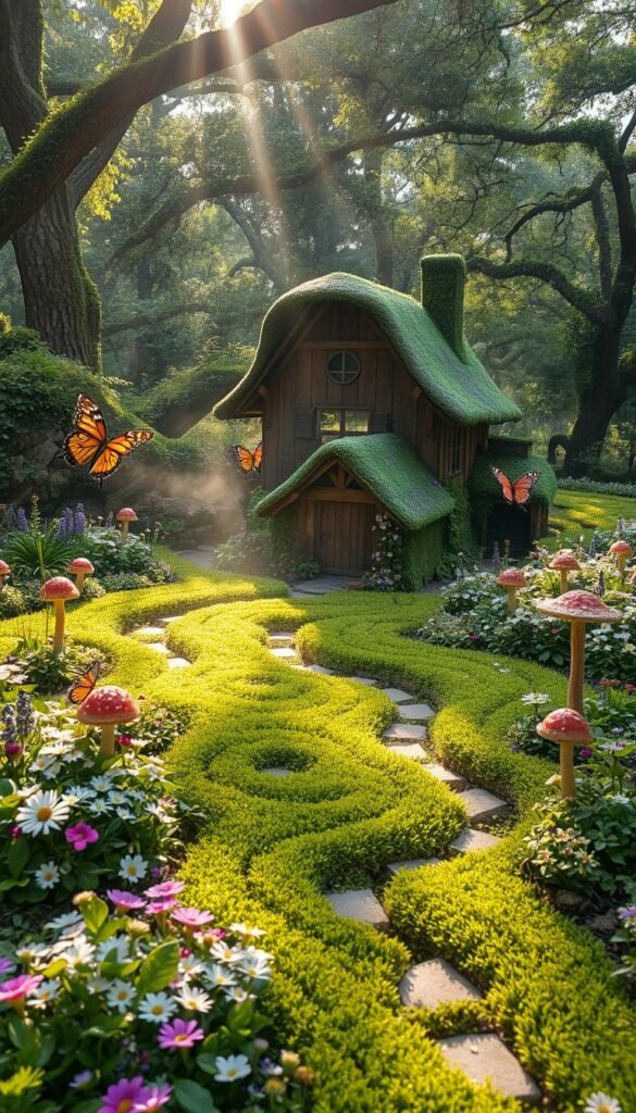 A lush, verdant fairy garden lays sprawled across the foreground, meticulously planned with winding paths, delicate flowers, and whimsical mushroom clusters. In the middle ground, a quaint wooden cottage, its thatched roof and moss-covered walls blending seamlessly into the natural surroundings. Gentle sunlight filters through the canopy of trees overhead, casting a warm, golden glow across the entire scene. Wisps of mist drift lazily through the air, adding an ethereal, enchanted atmosphere. Vibrant, jewel-toned butterflies flutter among the blooms, while curious woodland creatures peek out from the undergrowth. This idyllic fairy garden escape is a portal to a world of wonder and imagination.