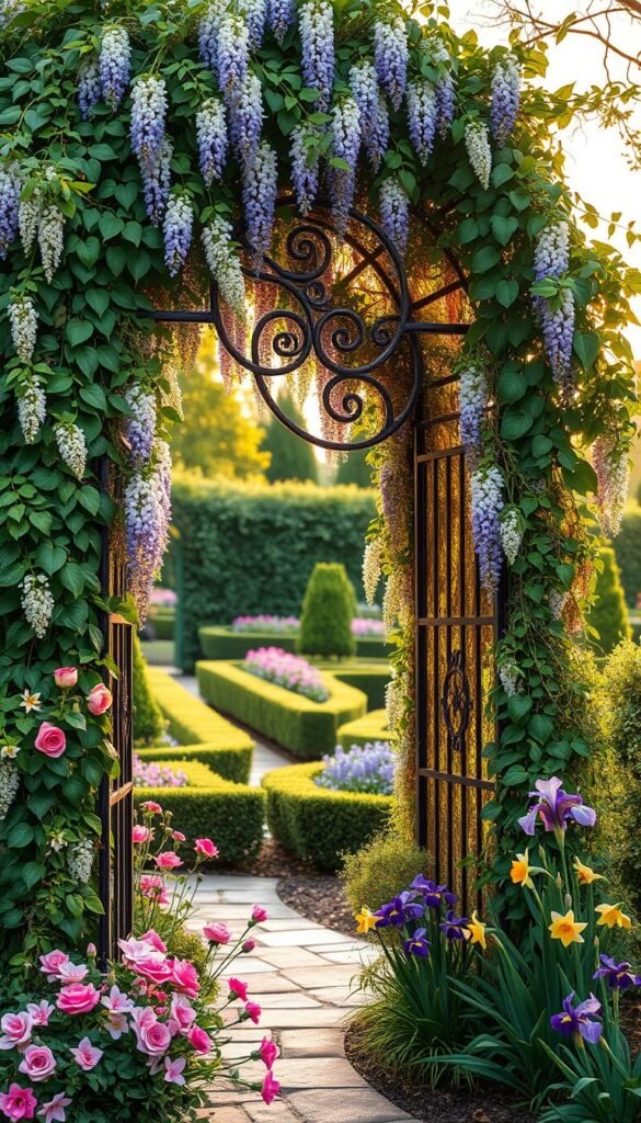 A lush, verdant garden arch covered in a tapestry of climbing vines and vibrant flowers. The foreground features a wrought-iron arch entwined with cascading tendrils of wisteria, clematis, and morning glories, creating a romantic, whimsical canopy. The middle ground showcases a variety of blooming flowers such as pink roses, purple irises, and yellow daffodils, complementing the arch's natural elegance. The background features a tranquil garden setting with neatly trimmed hedges, a stone pathway, and a warm, golden-hour lighting that casts a soft, dreamy glow over the entire scene, evoking a sense of serenity and natural beauty.