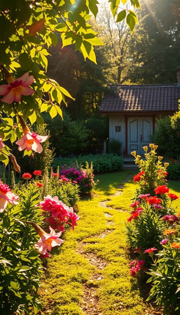 A lush, verdant garden bathed in warm, golden sunlight. Dappled patterns of light and shadow dance across the meticulously tended flower beds, creating a mesmerizing play of illumination. In the foreground, vibrant blooms sway gently in a soft breeze, their petals catching the sun's rays and emanating a radiant glow. The middle ground showcases a picturesque path winding through the garden, inviting the viewer to step in and explore the serene oasis. In the background, a charming cottage or shed stands as a tranquil backdrop, its weathered walls and roof creating a timeless, rustic ambiance. Soft, diffused lighting casts a magical, dream-like quality over the entire scene, evoking a sense of peace and tranquility.