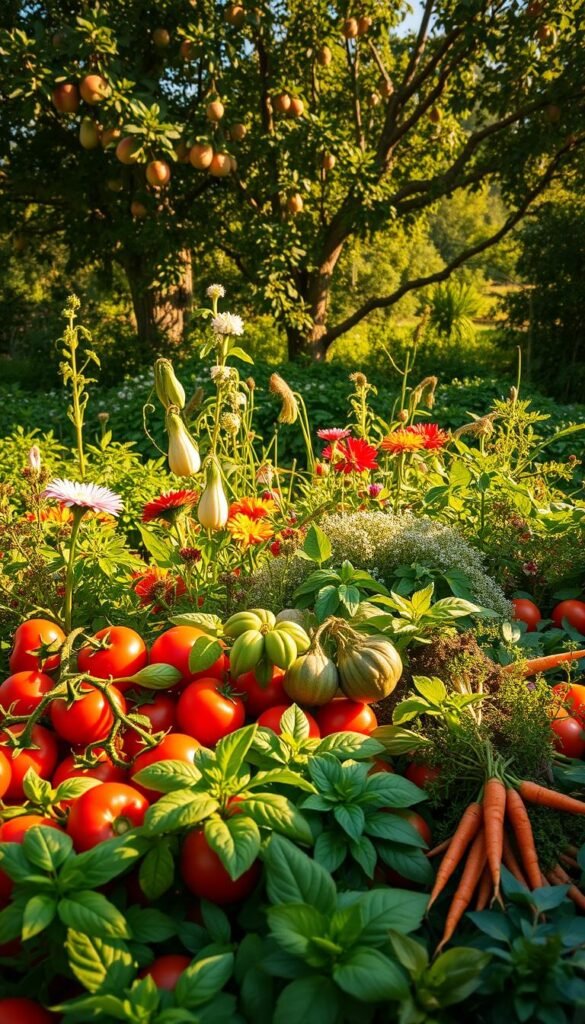 A lush, verdant garden bursting with food-producing plants, bathed in warm, golden sunlight. In the foreground, a bountiful harvest of colorful vegetables and herbs - plump tomatoes, leafy greens, fragrant basil, and vibrant carrots. The middle ground features a mix of flowering plants, their delicate petals swaying gently in a soft breeze. Behind them, a backdrop of towering fruit trees - apple, pear, and peach - their branches heavy with ripe, juicy fruit. The composition is balanced, with a sense of abundance and natural harmony, inviting the viewer to imagine the joy of nurturing and harvesting this self-sustaining garden oasis.