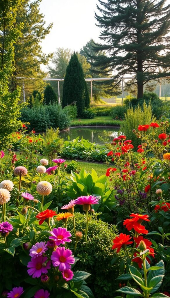 A lush, verdant garden bursting with vibrant blooms and lush foliage. In the foreground, a diverse array of plants, each with its unique shape, texture, and color, creating a captivating tapestry of visual interest. The middle ground showcases a well-tended vegetable patch, with thriving crops of leafy greens, juicy tomatoes, and fragrant herbs. In the background, a tranquil pond reflects the serene sky, surrounded by a mix of evergreen and deciduous trees that provide a sense of depth and perspective. The scene is bathed in warm, soft lighting, casting a gentle glow and highlighting the garden's harmonious beauty. This image conveys the year-round benefits of a well-designed, multi-season garden, capturing its ability to delight the senses and nourish the soul.