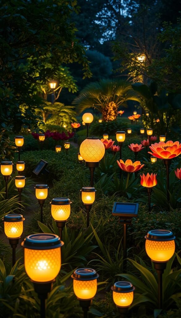 A lush, verdant garden filled with an array of solar-powered garden lights. In the foreground, a variety of solar-powered pathway markers, garden stakes, and post caps cast a warm, ambient glow. In the middle ground, large, spherical solar lanterns and decorative solar-powered flowers dot the landscape, casting soft, diffused light. In the background, taller solar-powered spotlights and floodlights illuminate the trees and foliage, creating a serene, enchanting atmosphere. The lighting is natural and realistic, with subtle shadows and highlights that blend seamlessly with the natural setting. The overall scene conveys a sense of tranquility and eco-friendly sustainability.