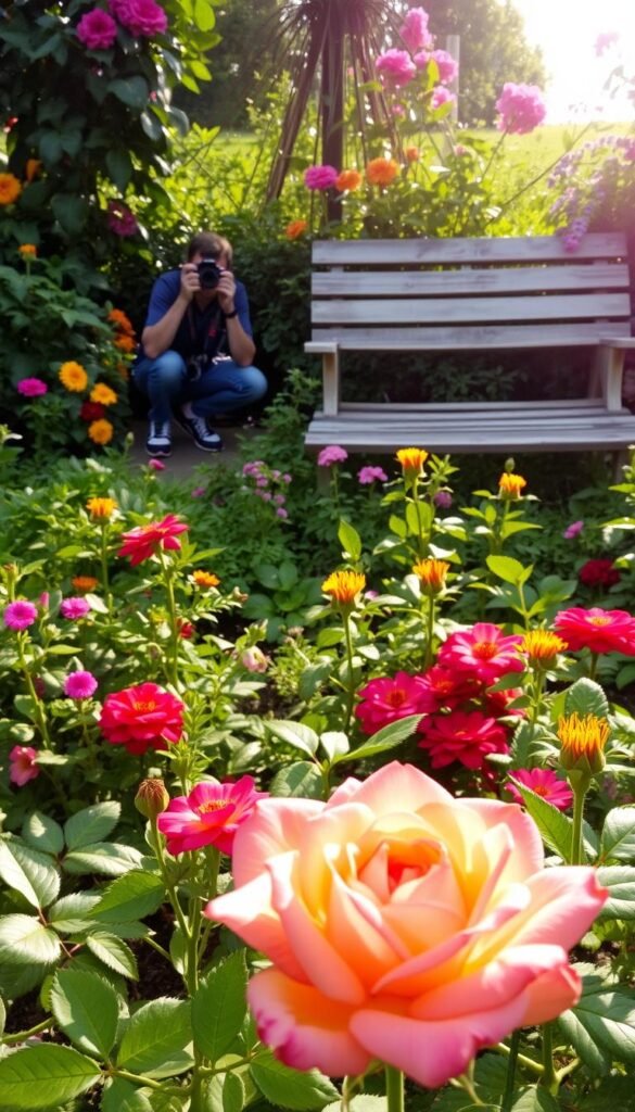A lush, verdant garden filled with vibrant flowers and lush foliage. In the foreground, a photographer crouches low, capturing a close-up shot of a blooming rose, its delicate petals bathed in soft, diffused natural light. The middle ground showcases a variety of photographic angles, with the photographer experimenting with different perspectives - shooting from above, below, and at eye level, to highlight the garden's diverse textures and colors. In the background, a weathered wooden bench provides a perfect vantage point, allowing the photographer to capture the overall scene and frame the composition. The atmosphere is serene and tranquil, with a sense of peaceful contemplation pervading the image.