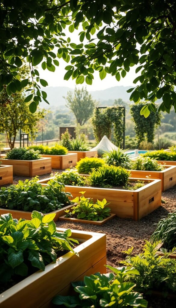 A lush, verdant garden oasis featuring neatly arranged ergonomic raised garden beds. The beds are constructed with smooth, natural wood and positioned at a comfortable height, allowing for easy tending and minimal strain on the back. Soft, diffused sunlight filters through leafy canopies, casting gentle shadows across the scene. In the foreground, vibrant, diverse vegetation thrives, showcasing a variety of textures and colors. The middle ground features the thoughtfully designed beds, their gentle curves and clean lines creating a visually pleasing and functional layout. The background gently fades into a serene, natural landscape, reinforcing the harmonious integration of the garden with its surroundings. The overall atmosphere is one of tranquility, productivity, and a deep connection to the earth.