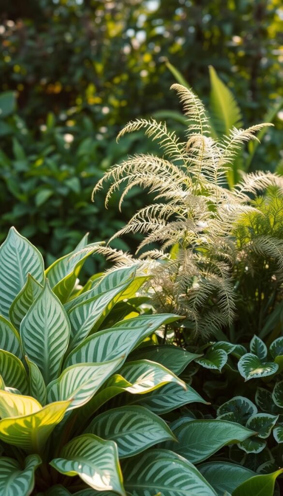 A lush, verdant garden scene bathed in soft, diffused sunlight. The foreground showcases a diverse array of variegated foliage textures - broad, undulating leaves with intricate patterns of green, white, and subtle hints of pink. In the middle ground, clusters of delicate, feathery fronds sway gently, their intricate details captured in high resolution. The background is a dreamy, out-of-focus tapestry of greenery, creating a sense of depth and inviting the viewer to explore the scene further. The overall atmosphere is one of tranquility and natural harmony, reflecting the serene beauty of a well-designed garden.