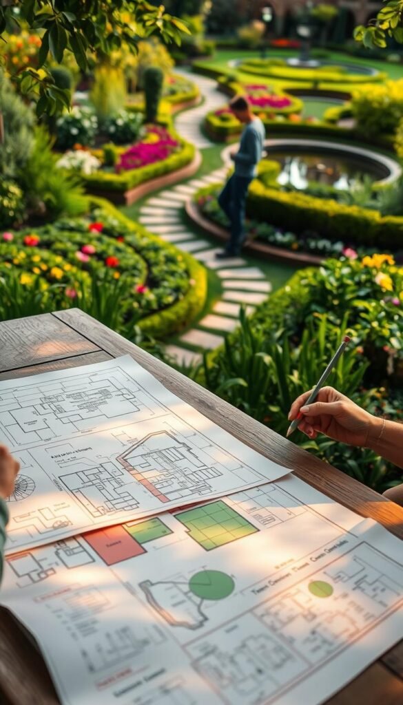 A lush, verdant garden scene, showcasing various garden planning techniques. In the foreground, a detailed plan with intricate sketches and color-coded sections is spread out on a wooden table, illuminated by warm, natural lighting. In the middle ground, a gardener examines the plan, pencil in hand, contemplating the design. The background features a well-manicured garden, with neatly arranged flower beds, winding paths, and a tranquil water feature reflecting the scene. The overall atmosphere is one of thoughtful, methodical planning, blending the art of garden design with the practical considerations of implementation.
