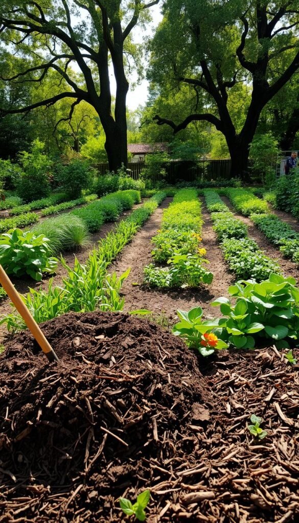 A lush, verdant garden scene with a focus on soil preparation and mulching techniques. In the foreground, a gardener diligently works the earth, carefully loosening the soil with a sturdy garden fork. Piles of rich, dark compost and shredded bark mulch stand ready to be incorporated into the soil. In the middle ground, rows of healthy vegetable plants and vibrant flowers thrive, their roots nourished by the well-prepared, moisture-retentive soil. Sunlight filters through the canopy of mature trees in the background, casting a warm, natural glow over the scene. The overall atmosphere is one of calm, productive activity, illustrating the importance of thoughtful soil management for a resilient, drought-resistant garden.