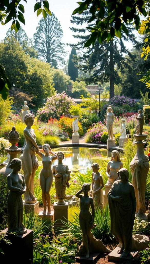 A lush, verdant garden setting with an array of artistic garden sculptures showcased in the foreground. The sculptures vary in style, from modern abstract forms to classical figurative pieces, each casting dynamic shadows as the sun filters through the surrounding foliage. In the middle ground, a tranquil pond reflects the sculptures, creating a sense of serene harmony. The background features a tapestry of blooming flowers and towering trees, framing the scene with natural beauty. The lighting is soft and diffused, casting a warm, golden glow that enhances the tactile textures of the sculptures and the vibrant colors of the plants. The overall composition invites the viewer to explore and appreciate the intersection of nature and artistic expression.