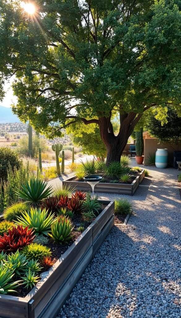 A lush, verdant garden showcasing water-wise techniques. In the foreground, raised garden beds brimming with drought-tolerant native plants - vibrant succulents, hardy grasses, and fragrant herbs. Sunlight filters through the canopy of a mature shade tree, casting a warm, natural glow. In the middle ground, a gravel path winds through the landscape, accompanied by strategically placed rain barrels and a small, recirculating water feature. In the background, an expansive view of the surrounding environment, perhaps a desert or Mediterranean-inspired setting, emphasizing the harmony between the garden and its climate. The overall mood is one of tranquility, sustainability, and a deep connection to the local ecosystem.