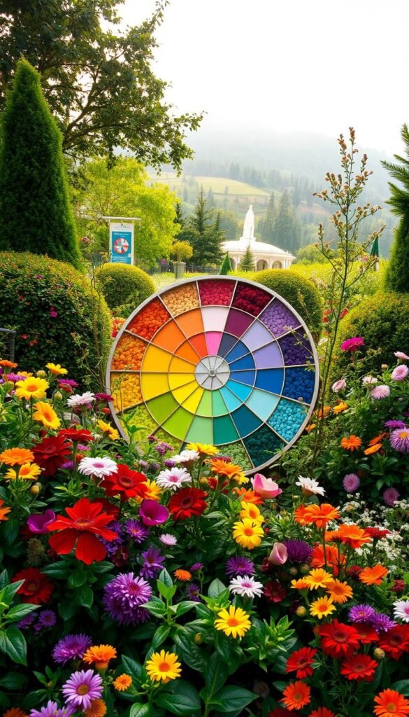 A lush, verdant garden with a vibrant color wheel at its center. The wheel, made of various flowers and plants, is arranged in a radial pattern, showcasing the full spectrum of hues. The foreground is filled with a diverse array of blooms, their petals and leaves creating a captivating tapestry of color. In the middle ground, the color wheel is framed by ornamental shrubs and trees, their textures and shades complementing the floral display. The background features a serene, natural landscape, with a soft, diffused light filtering through the foliage, casting a warm, inviting glow over the entire scene. The overall composition evokes a sense of harmony, balance, and a deep understanding of color theory in landscape design.