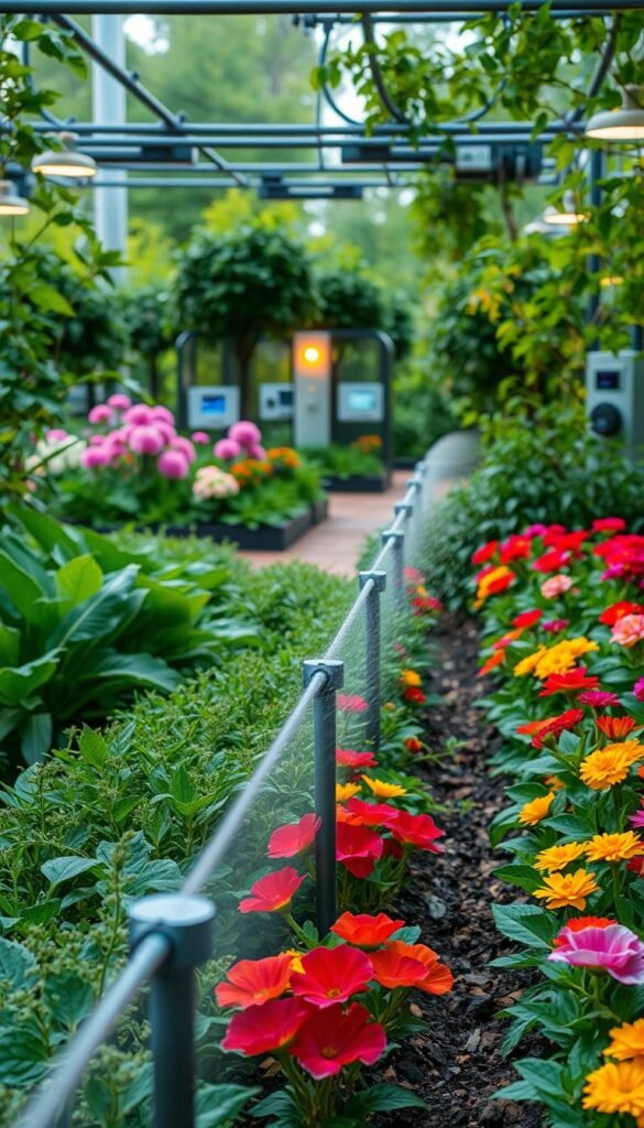 A lush, verdant garden with an intricate network of automated systems. In the foreground, a sleek, state-of-the-art irrigation system waters the vibrant flowers and plants, its sleek nozzles gently misting the soil. In the middle ground, smart lighting fixtures illuminate the pathways, casting a warm, inviting glow over the scene. In the background, a series of compact, interconnected control panels and sensors monitor the garden's environmental conditions, ensuring optimal growth and efficiency. The overall atmosphere is one of harmony and innovation, where technology seamlessly blends with nature to create a truly captivating smart garden adventure.