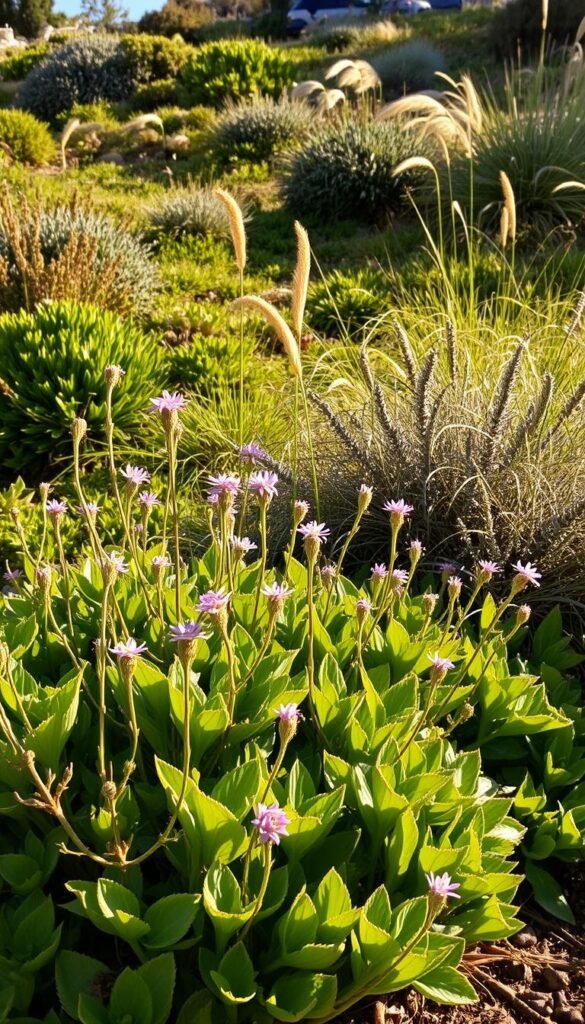 A lush, verdant hillside bathed in warm, golden sunlight. In the foreground, vibrant ground-hugging plants with deeply-lobed foliage and delicate, nodding flowers in shades of purple, pink, and white. Their stems and roots cling firmly to the sloping terrain, stabilizing the soil. In the middle ground, taller shrubs and grasses sway gently, their fibrous leaves and rhizomes further anchoring the landscape. Towards the back, a mix of hearty, drought-tolerant perennials and ornamental grasses cascade down the incline, their resilient root systems preventing erosion. The overall scene exudes a sense of natural harmony and ecological balance, perfectly suited for a hilly or rocky garden setting.