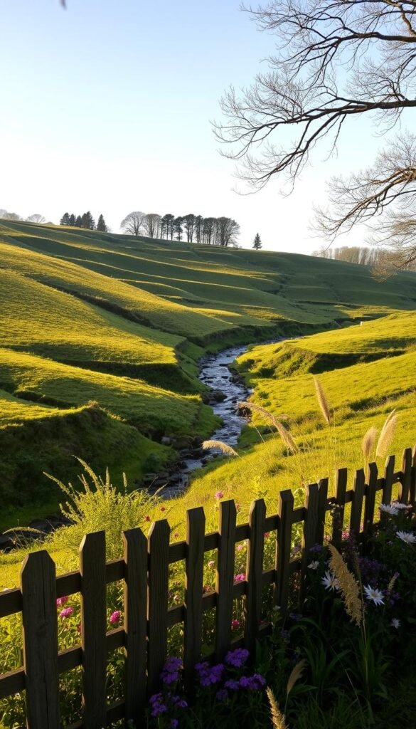A lush, verdant landscape with gently rolling hills and a meandering stream. In the foreground, a weathered wooden fence delineates the boundaries of the garden, with a variety of vibrant perennials and ornamental grasses cascading down the sloping terrain. The middle ground reveals the undulating contours of the land, with areas of steeper incline interspersed with flat terraces, all bathed in warm, soft lighting that casts long shadows. In the distance, a line of mature trees forms a natural backdrop, their branches swaying gently in a light breeze. This idyllic scene captures the essence of a cottage garden nestled on a picturesque slope, inviting the viewer to consider the unique challenges and opportunities inherent in such a setting.
