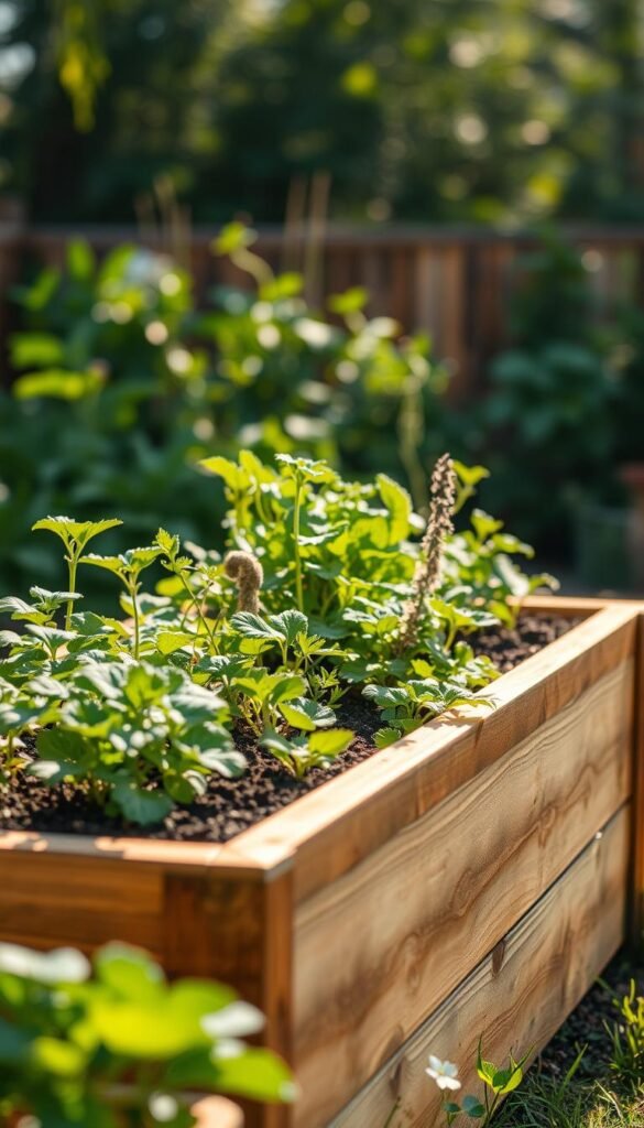 A lush, verdant raised garden bed fills the frame, its wooden structure standing in contrast to the rich soil and vibrant greenery within. Warm, natural lighting bathes the scene, casting gentle shadows and highlighting the textural details of the vegetables and herbs thriving in their elevated sanctuary. In the background, a blur of a verdant backyard or patio sets the stage, hinting at the benefits of this space-saving, easy-to-maintain gardening solution. The overall composition and mood convey the practical advantages and aesthetic appeal of raised beds, inviting the viewer to consider their own small-space gardening possibilities. A lush, verdant raised garden bed fills the frame, its wooden structure standing in contrast to the rich soil and vibrant greenery within. Warm, natural lighting bathes the scene, casting gentle shadows and highlighting the textural details of the vegetables and herbs thriving in their elevated sanctuary. In the background, a blur of a verdant backyard or patio sets the stage, hinting at the benefits of this space-saving, easy-to-maintain gardening solution. The overall composition and mood convey the practical advantages and aesthetic appeal of raised beds, inviting the viewer to consider their own small-space gardening possibilities.