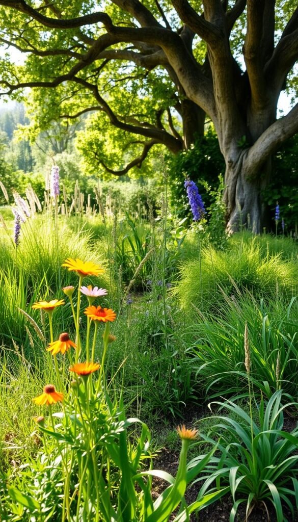 A lush, verdant scene depicting the diverse adaptability of native plants in an eco-friendly garden design. In the foreground, a cluster of vibrant wildflowers sway gently in a soft, natural light. In the middle ground, a variety of resilient shrubs and grasses thrive, their deep roots anchoring the soil. In the background, towering trees with gnarled branches reach towards the sky, casting a dappled shade over the entire scene. The overall mood is one of harmony and balance, showcasing how native plants seamlessly integrate into a sustainable landscape.
