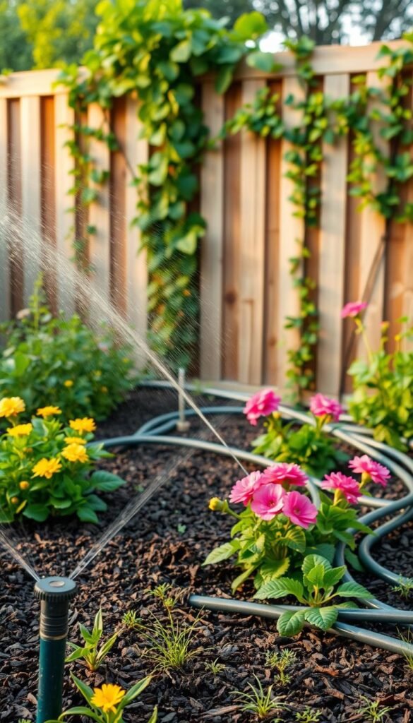 A lush, verdant summer garden scene, with a prominently featured garden irrigation system. In the foreground, a sprinkler head sprays a gentle mist of water across neatly mulched flower beds, where vibrant blooms and healthy foliage thrive. The middle ground showcases a network of flexible hoses and pipes, winding through the garden landscape, delivering life-giving water to the plants. In the background, a wooden fence or trellis provides a natural backdrop, with climbing vines and trailing greenery adding to the idyllic, well-tended atmosphere. The lighting is soft and diffused, creating a warm, golden glow that enhances the summery ambiance. The overall composition conveys a sense of harmony and efficient garden maintenance.
