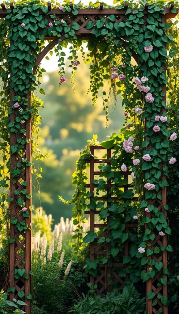 A lush, verdant trellis standing tall, its intricate lattice frames a captivating vertical garden. Cascading vines and blooming florals adorn the structure, creating a harmonious display of natural beauty. Warm, diffused lighting bathes the scene, casting gentle shadows that add depth and dimension. The trellis is positioned in the foreground, drawing the eye inward to the verdant oasis, while a softly blurred background suggests a tranquil, secluded setting. This striking visual composition showcases the power of vertical gardening, inspiring viewers to maximize their limited space and transform it into a thriving, lush sanctuary.