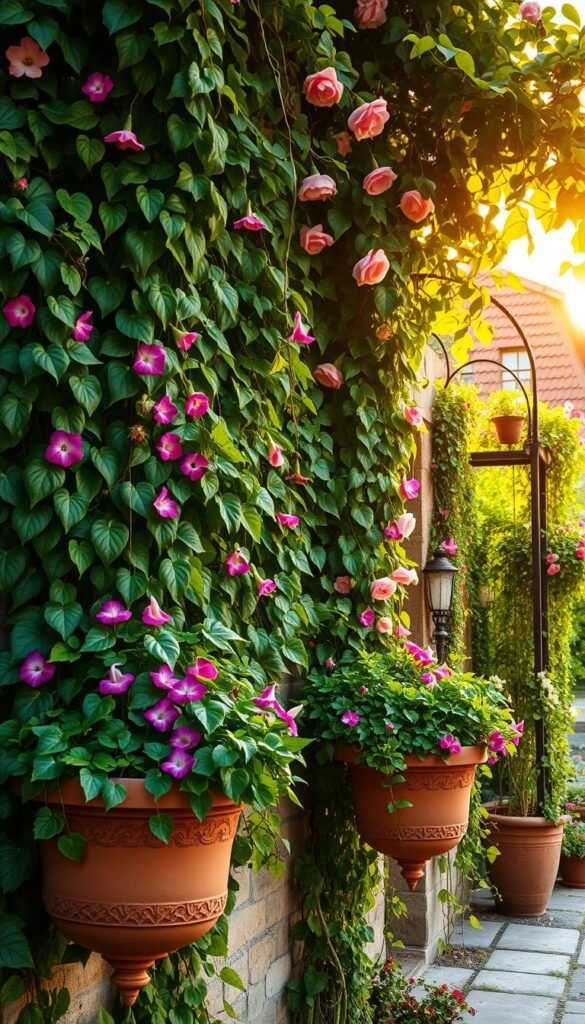 A lush, verdant vertical garden adorns the walls, with cascading vines of ivy, morning glories, and climbing roses. The foreground showcases the ornate clay pots brimming with vibrant foliage, creating a sense of abundant, natural charm. Warm, golden light filters through the leafy canopy, casting a soft, romantic glow over the scene. In the background, a wrought-iron trellis supports the flourishing vines, adding depth and structure to the composition. The overall atmosphere evokes a tranquil, idyllic cottage garden, perfect for evoking a sense of serene, vertical charm.