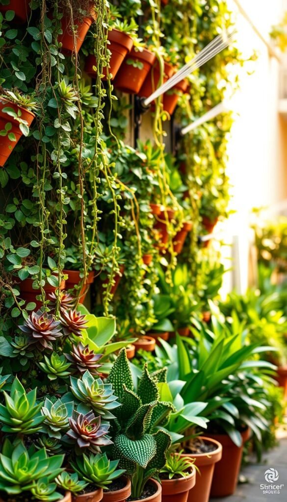 A lush, verdant vertical garden unfolds, showcasing a vibrant selection of low-maintenance succulents, trailing vines, and leafy foliage. The foreground features a diverse array of potted plants artfully arranged, with varying textures and hues that create a visually captivating display. In the middle ground, a sleek, modern irrigation system with precisely angled spray heads ensures the plants receive the optimal amount of water and nutrients. The background reveals a well-lit, sun-dappled wall, providing the perfect backdrop for this thriving living wall. Warm, natural lighting casts a soft, inviting glow, and the overall composition evokes a sense of harmony and tranquility, making this the ideal image to illustrate the "Choosing Plants and Irrigation Systems" section of the article.