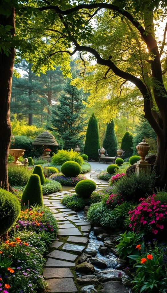 A lush, verdant woodland garden, the sunlight filtering through the canopy of mature trees, casting a warm, golden glow. In the foreground, a meandering stone path winds through a riot of colorful perennials and fragrant shrubs, inviting exploration. Sculpted topiary shapes add architectural interest, while a babbling brook gurgles softly, its surface reflecting the tranquil scene. In the middle ground, a secluded seating area, adorned with ornamental urns and woven garden furniture, beckons one to pause and soak in the serene atmosphere. The background features a tapestry of towering evergreens and delicate, fluttering leaves, creating a sense of enchantment and escape. This image evokes a feeling of peaceful retreat, a verdant oasis where one can truly connect with the beauty of nature.