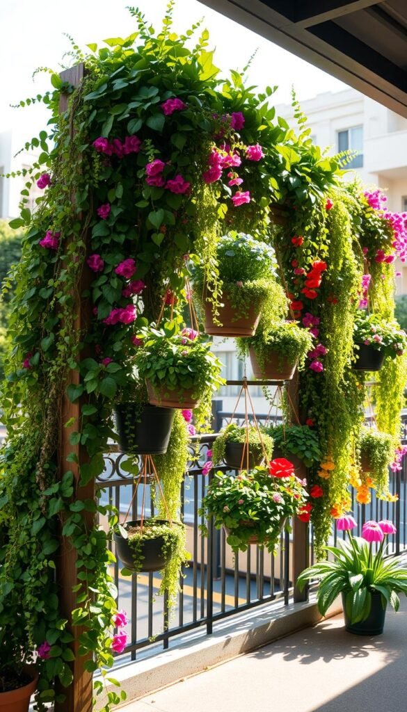 A lush, vertical garden composed of cascading greenery and vibrant blooms. A foreground of trailing vines and potted plants flowing down a wooden trellis, mid-ground featuring diverse foliage and flowers in hanging baskets, and a background of a sun-dappled urban setting with buildings. Soft, warm lighting illuminates the scene, creating a sense of tranquility and natural beauty. The composition emphasizes the efficient use of vertical space, showcasing a harmonious blend of plants in a visually striking display. Captured with a wide-angle lens to highlight the depth and scale of the verdant arrangement.