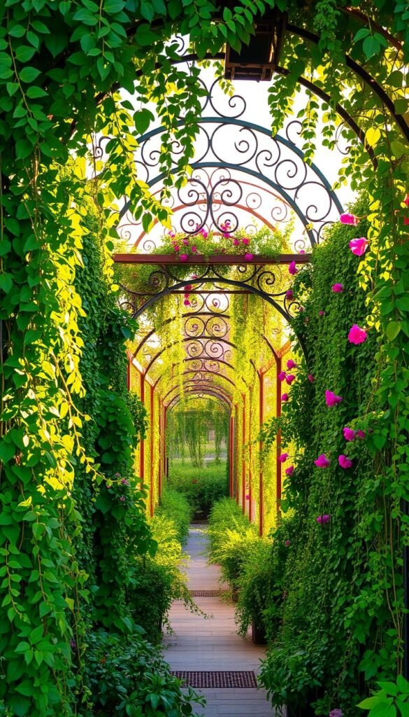 A lush, vertical garden with an assortment of trellises and arches, bathed in warm, golden sunlight. In the foreground, a cascading array of vining plants, their leaves and tendrils reaching upwards, creating a sense of depth and movement. In the middle ground, a series of ornate, wooden trellises adorned with climbing flowers, their vibrant petals adding pops of color. In the background, a graceful, wrought-iron arch frames the scene, casting soft shadows and drawing the eye inward. The overall composition conveys a harmonious blend of nature and architectural elements, creating a captivating and visually striking display.