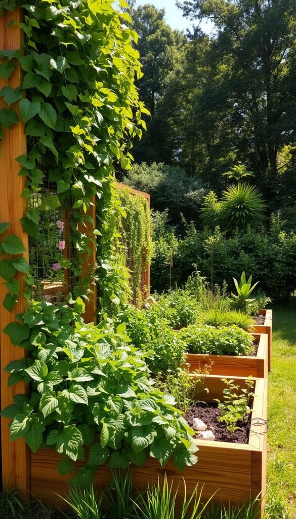 A lush, vertical garden with thriving plants cascading down raised garden beds. The beds are constructed with sturdy, natural wood, blending seamlessly into the verdant landscape. Sunlight streams in from above, casting a warm, golden glow on the carefully tended foliage. In the foreground, vibrant leafy greens and flowering vines spill over the edges, creating a visually dynamic and efficient use of limited space. The middle ground features a variety of herbs, vegetables, and ornamental plants, all neatly arranged in a practical, space-saving layout. The background showcases a tranquil, natural setting, with trees and shrubbery framing the scene. The overall composition conveys a sense of harmony, productivity, and the benefits of a well-designed raised bed garden. A lush, vertical garden with thriving plants cascading down raised garden beds. The beds are constructed with sturdy, natural wood, blending seamlessly into the verdant landscape. Sunlight streams in from above, casting a warm, golden glow on the carefully tended foliage. In the foreground, vibrant leafy greens and flowering vines spill over the edges, creating a visually dynamic and efficient use of limited space. The middle ground features a variety of herbs, vegetables, and ornamental plants, all neatly arranged in a practical, space-saving layout. The background showcases a tranquil, natural setting, with trees and shrubbery framing the scene. The overall composition conveys a sense of harmony, productivity, and the benefits of a well-designed raised bed garden.