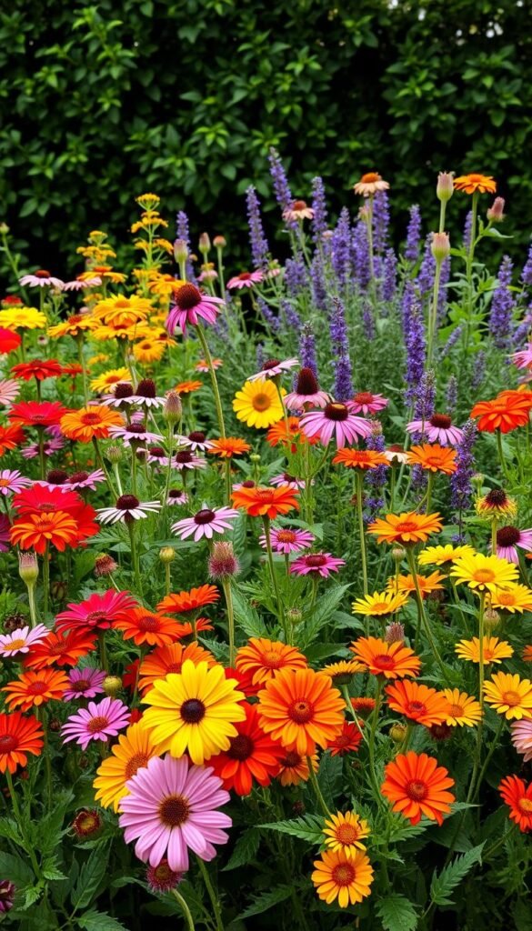 A lush, vibrant backyard flower garden filled with complementary blooms. In the foreground, a mix of colorful annuals like marigolds, zinnias, and cosmos cascade together, their petals bursting with life. In the middle ground, perennial plants like purple coneflowers, black-eyed Susans, and lavender sway gently in a warm summer breeze. The background features a verdant backdrop of lush foliage, casting a soft, natural light across the scene. The overall composition is a harmonious blend of color, texture, and form, creating a visually stunning and long-lasting display for a backyard oasis.