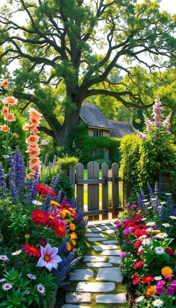 A lush, vibrant cottage garden brimming with a harmonious mix of blooming flowers, trailing vines, and verdant foliage. In the foreground, a quaint stone path winds through a riot of color - cheerful dahlias, fragrant lavender, and delicate daisies. Towering hollyhocks and cascading clematis frame the charming wooden gate, inviting one to step into this enchanting oasis. Dappled sunlight filters through the canopy of an ancient oak tree, casting a warm, welcoming glow over the scene. In the distance, a cozy cottage with a weathered roof and ivy-covered walls sits nestled amidst the verdant landscape, embodying the essence of the quintessential cottage garden aesthetic. A lush, vibrant cottage garden brimming with a harmonious mix of blooming flowers, trailing vines, and verdant foliage. In the foreground, a quaint stone path winds through a riot of color - cheerful dahlias, fragrant lavender, and delicate daisies. Towering hollyhocks and cascading clematis frame the charming wooden gate, inviting one to step into this enchanting oasis. Dappled sunlight filters through the canopy of an ancient oak tree, casting a warm, welcoming glow over the scene. In the distance, a cozy cottage with a weathered roof and ivy-covered walls sits nestled amidst the verdant landscape, embodying the essence of the quintessential cottage garden aesthetic.