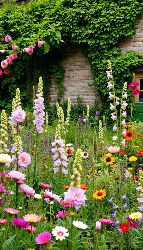 A lush, vibrant cottage garden bursting with an array of flourishing plants and blooms. In the foreground, an array of colorful perennials such as peonies, delphiniums, and foxgloves sway gently in a soft, natural light. The middle ground features a mix of trailing vines, fragrant herbs, and whimsical wildflowers like lavender, sweet peas, and hollyhocks. In the background, a picturesque stone wall is partially obscured by a verdant tapestry of foliage, casting soft shadows across the scene. The overall atmosphere is one of tranquility and abundance, evoking the quintessential charm of an English cottage garden.